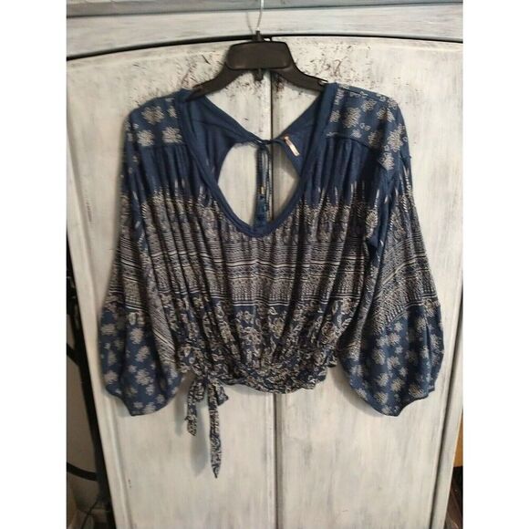 Free People Puff Sleeve Tie Front Top Xs Boho Feminine Cottage Core - Picture 1 of 13